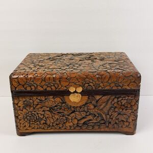 Vintage Chinese Hand Carved  Wood Chest/Box Birds Flowers Large Hong Kong